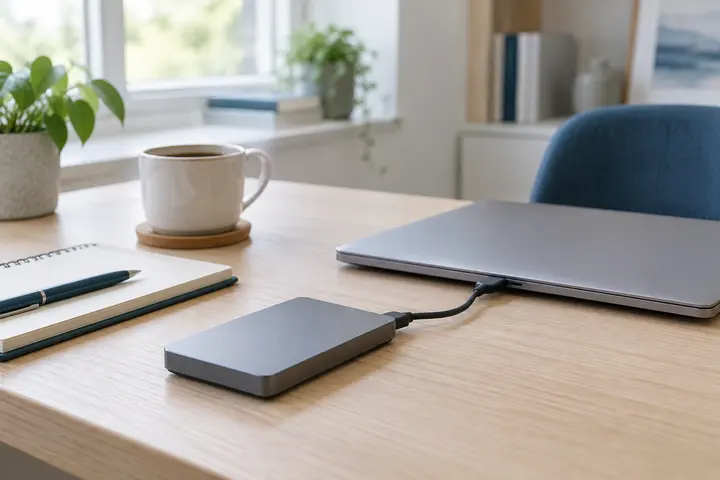 Külső merevlemez laptophoz csatlakoztatva egy íróasztalon